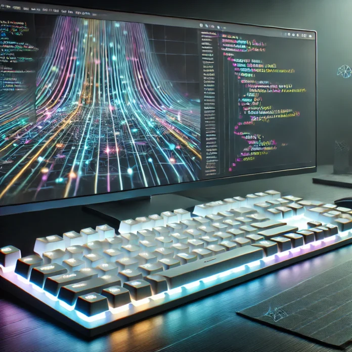 A modern, minimalist desk setup featuring a sleek, glowing keyboard and a high-resolution computer screen displaying colorful lines of code in various languages