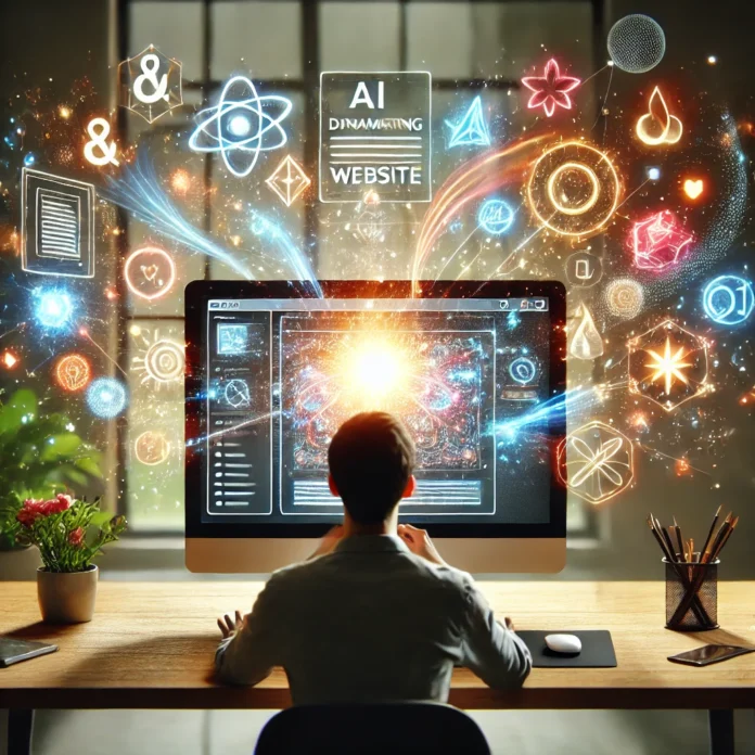 A person sitting at a desk, staring at a computer screen where an AI-powered tool is dynamically creating a website in real-time