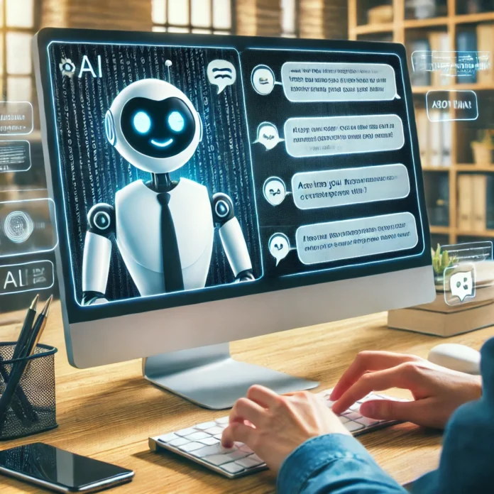 A person sitting at a desk using a computer, with a chatbot conversation window open on the screen. The chatbot interface has a friendly AI avatar