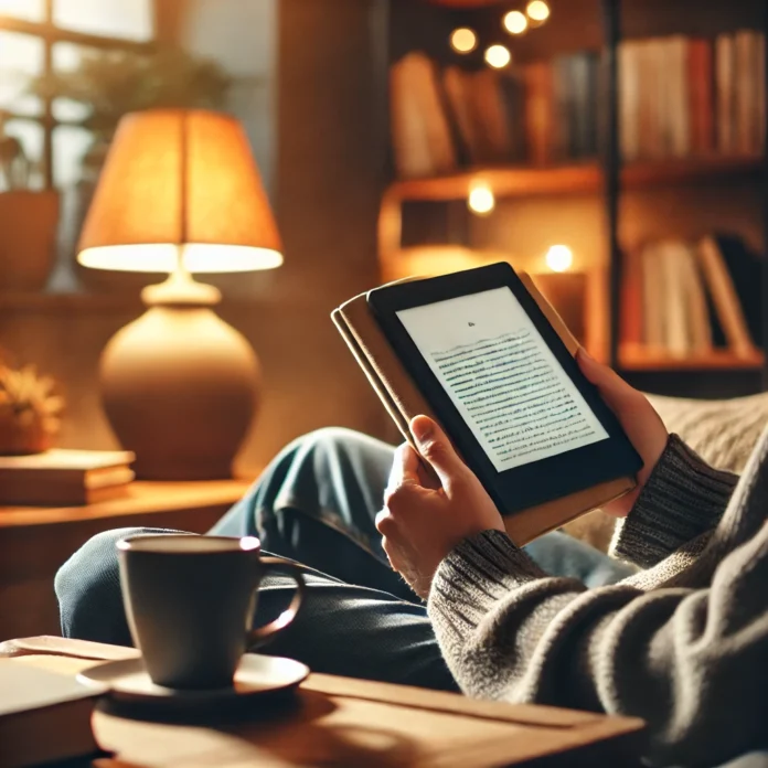 A person sitting comfortably in a cozy living room, reading on an e-reader