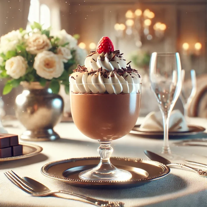 A photo-realistic image of a luxurious chocolate mousse served in an elegant glass on a fancy dining table. The mousse is topped with a swirl of whipping cream