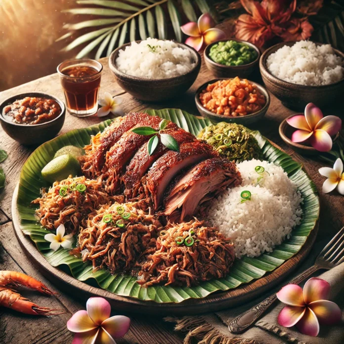 A plated Kalua Pig dish, featuring tender, shredded pork with a smoky, rich color, served on a banana leaf-lined platter