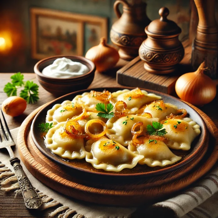 A plated serving of traditional Polish pierogi