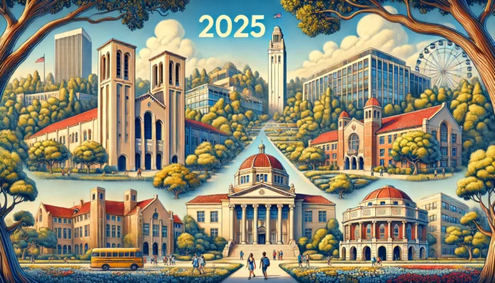 An illustration featuring the campuses of top public universities in the United States for 2025