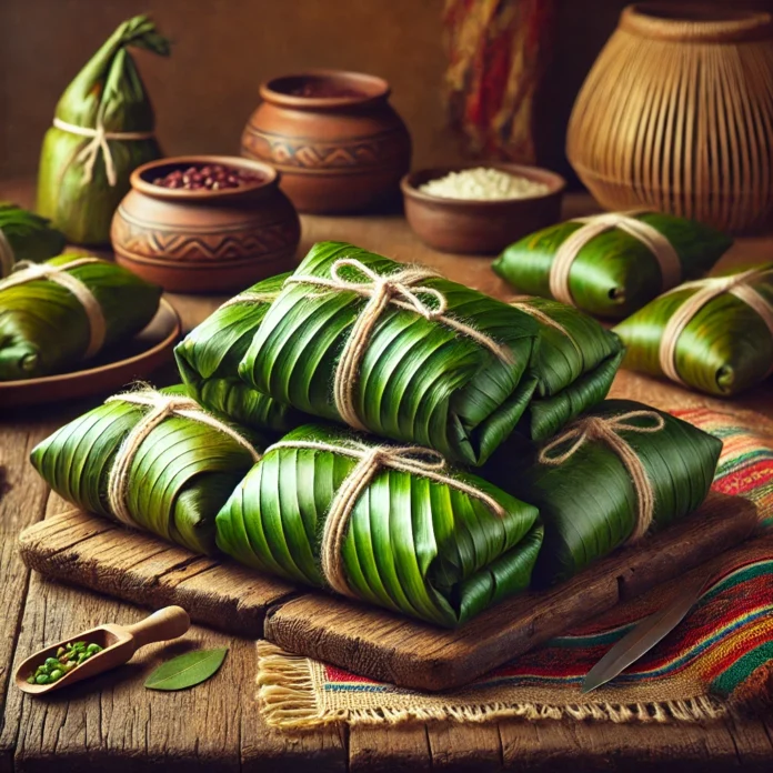 A depiction of Ecuadorian ayacas wrapped in vibrant green banana leaves and tied securely with white string