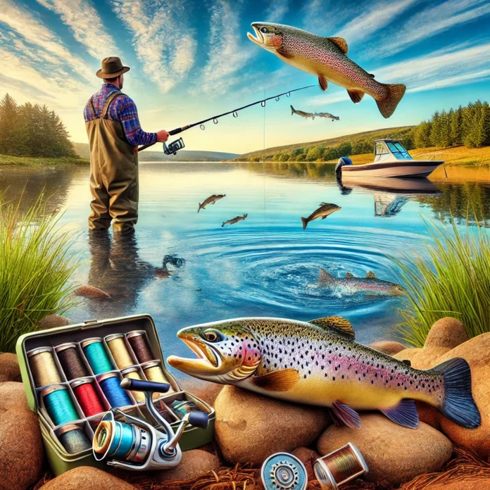 A scenic fishing scene in New Jersey featuring a fisherman standing by a peaceful lake with trout leaping from the water, a colorful tackle box nearby