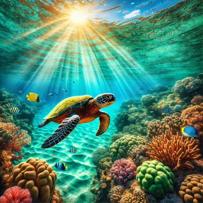 A stunning underwater scene of snorkeling in Maui, showcasing vibrant coral reefs, tropical fish, and a green sea turtle gliding through crystal-clear water