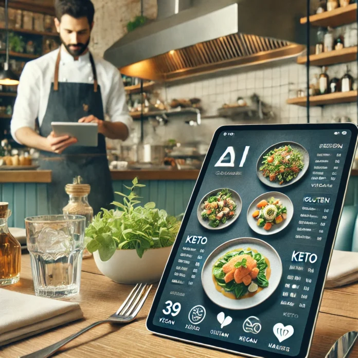 A stylish restaurant setting with a digital menu displayed on a tablet at a dining table