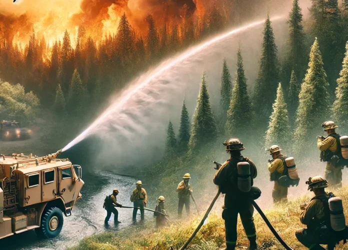 A symbolic depiction of a wildfire relief effort in California