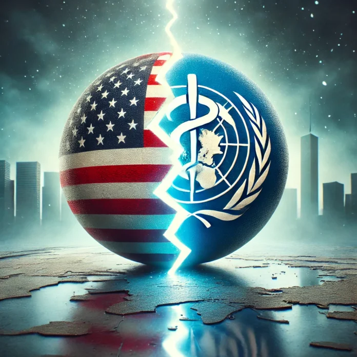 A symbolic illustration of the United States breaking away from the World Health Organization (WHO). The image shows a globe with the WHO emblem on on