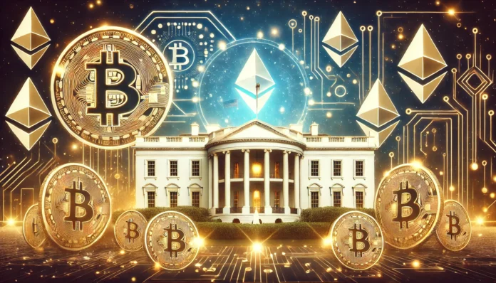 A symbolic illustration representing an executive order, featuring the White House surrounded by glowing cryptocurrency symbols like Bitcoin, Ethereum