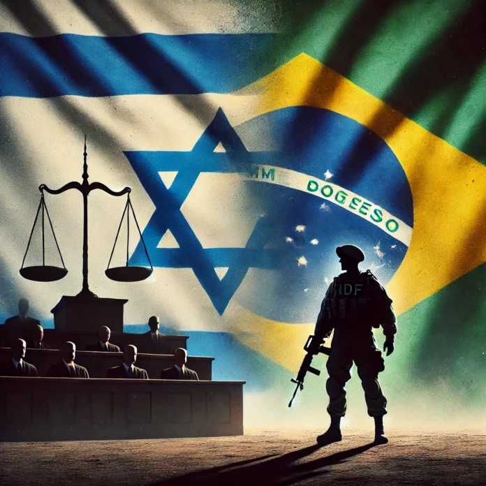 A thought-provoking digital illustration depicting the Israeli flag and the Brazilian flag juxtaposed, with a shadowy court scene in the background