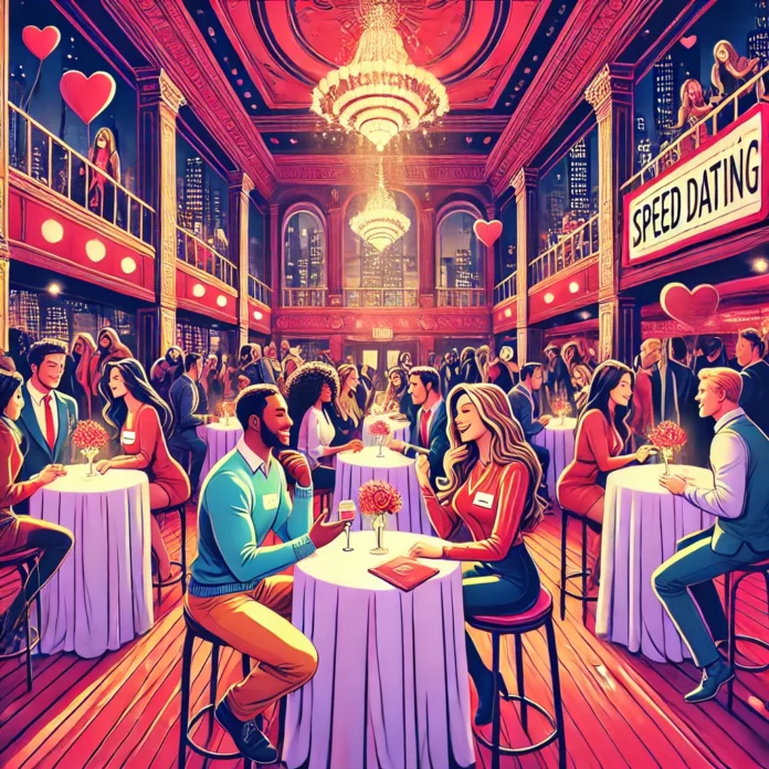 A vibrant and lively illustration of a Valentine’s Day speed dating event at a chic New York City venue. The scene features diverse singles.