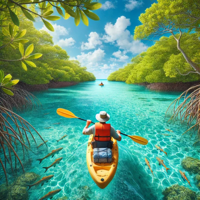 A vibrant scene of kayaking in the Florida Keys, with a single kayaker paddling through calm turquoise waters surrounded by lush mangroves