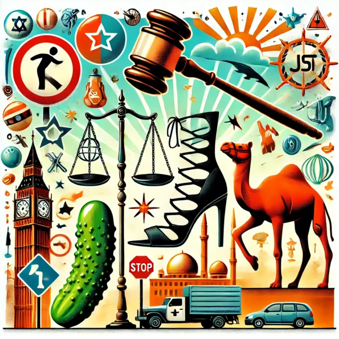 A visually engaging illustration depicting a variety of bizarre and shocking laws from around the world