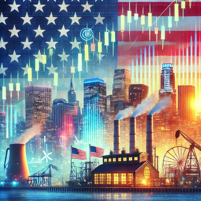 A visually engaging illustration of the U.S. economy symbolized by a bustling cityscape with skyscrapers representing economic growth