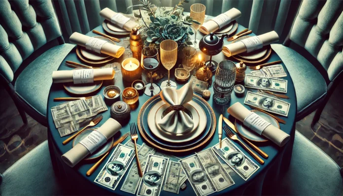 A visually striking composition featuring a luxurious restaurant table setting with elegant dishes and glasses, surrounded by stacks of cash.