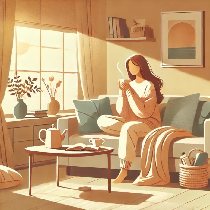 A warm and inviting illustration of a busy mother taking a moment of self-care, sipping tea on a cozy couch, surrounded by calming elements