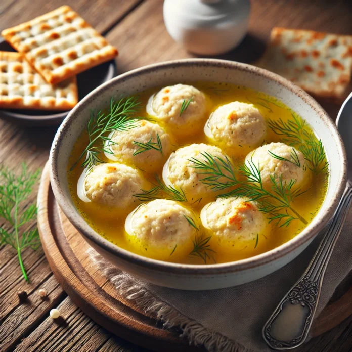 A warm bowl of matzo ball soup, featuring a golden chicken broth with fluffy matzo balls, garnished with fresh dill