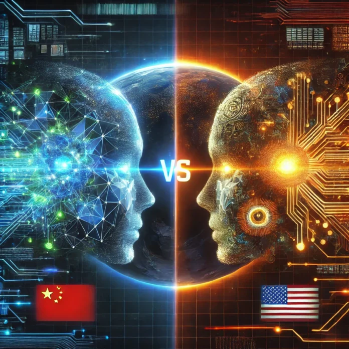 An Illustration of a competition between two artificial intelligence entities, symbolizing China's DeepSeek and America's OpenAI