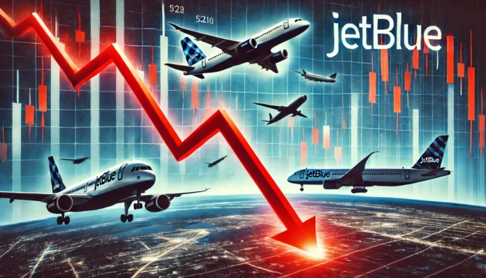 An artistic representation of airline stocks plunging, featuring a red downward arrow graph on a stock market chart, with planes in the background