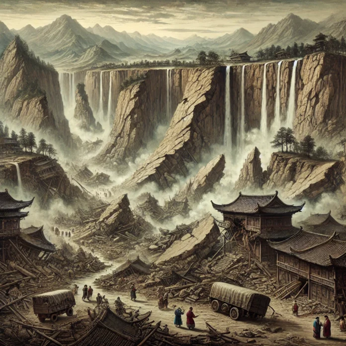 An artistic representation of the 1556 Shaanxi Earthquake in China. The image depicts a devastated landscape with collapsed cave dwellings.