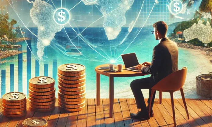 An evocative digital illustration of a modern digital nomad sitting at a laptop in a tropical beachside café, surrounded by symbols of offshore finance