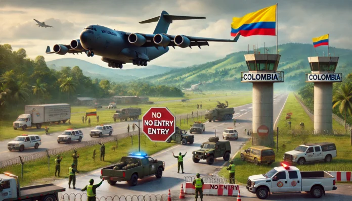 An illustration of a large military transport plane attempting to land at an airport in Colombia