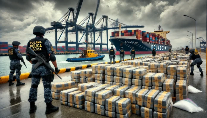 Illustration depicting Ecuadorian police during a drug seizure operation