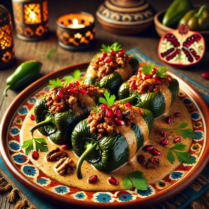 Plated Chiles en Nogada dish, featuring roasted poblano peppers stuffed with a rich picadillo filling of ground meat, fruits, and nuts