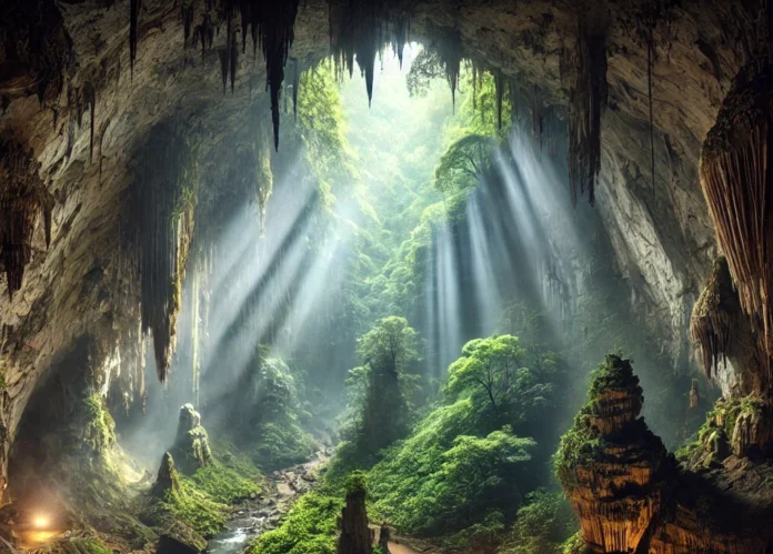 A breathtaking view inside Sơn Đoòng Cave, the world's largest cave, located in Vietnam's Phong Nha-Kẻ Bàng National Park