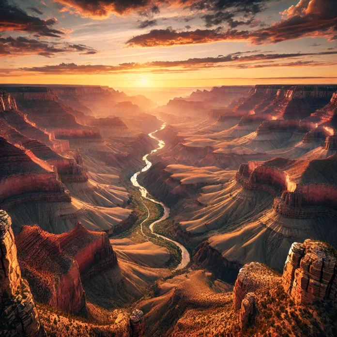 A breathtaking view of the Grand Canyon at sunrise, showcasing the vast canyon walls, deep valleys, and the Colorado River winding through the landscape