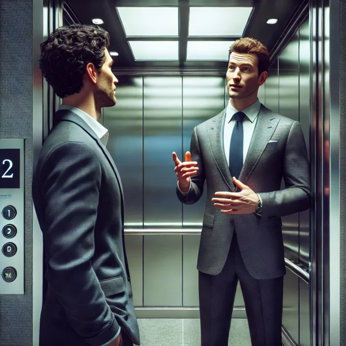 A business professional confidently giving an elevator pitch to an investor inside a sleek, modern corporate elevator