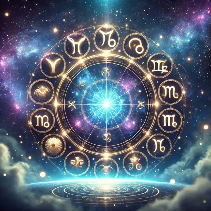 A celestial-themed horoscope image featuring the twelve zodiac signs arranged in a glowing circular pattern against a cosmic starry background