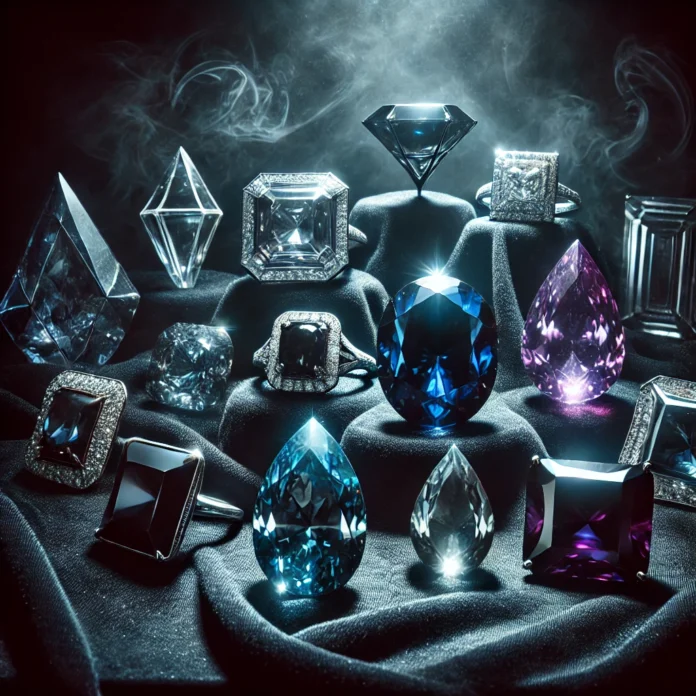 A collection of legendary cursed jewels displayed on a velvet surface, illuminated by eerie, dim lighting