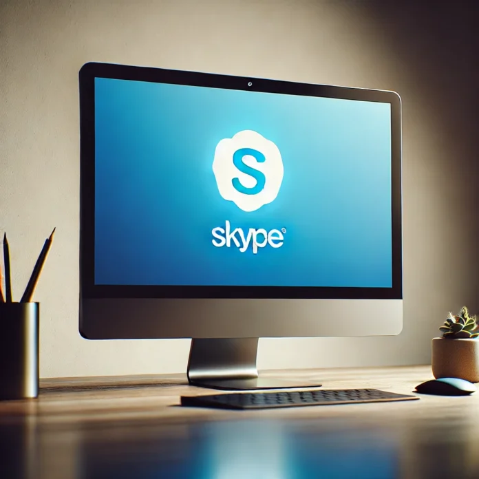 A computer screen displaying the iconic blue Skype logo. The screen is set against a neutral background, with a modern desktop or laptop