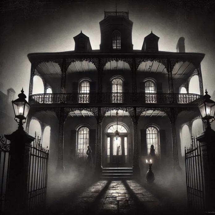 A dark and eerie depiction of a haunted mansion in New Orleans at night.