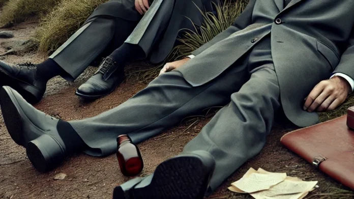 A depiction of the Lead Masks Mystery from 1966 in Brazil. Two men lie side by side on a hill in Niterói, wearing formal suits