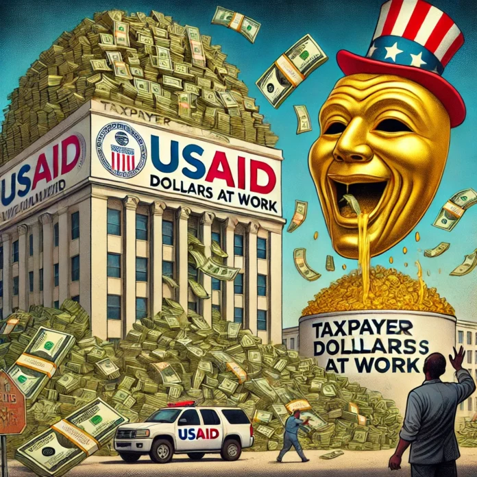 A digital illustration depicting wasteful government spending by USAID. The image features a large government building labeled 'USAID'