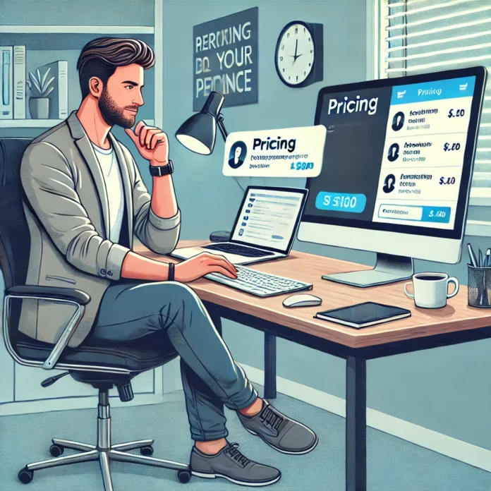 A digital illustration of a freelancer sitting at his computer, negotiating a price with a customer