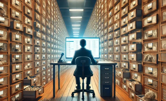 A digital illustration of a museum fossil archive. A researcher sits at a desk, studying a glowing computer screen