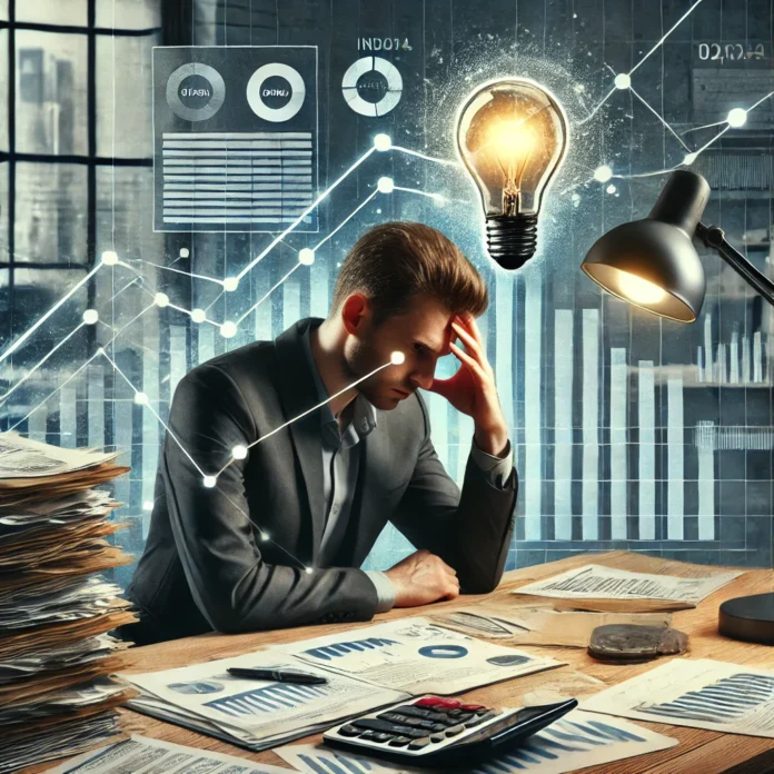 A digital illustration of a stressed business owner looking at financial reports with a worried expression.