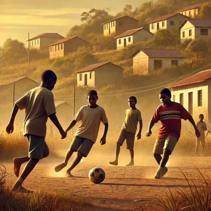 A digital illustration of four Black boys, aged between 11 and 15, playing soccer in a rural town in Ecuador