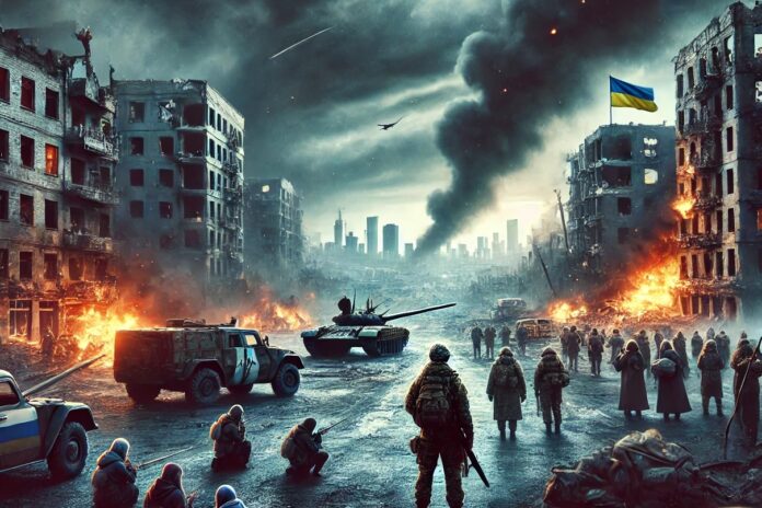 A dramatic and compelling digital painting depicting the ongoing Russia-Ukraine war