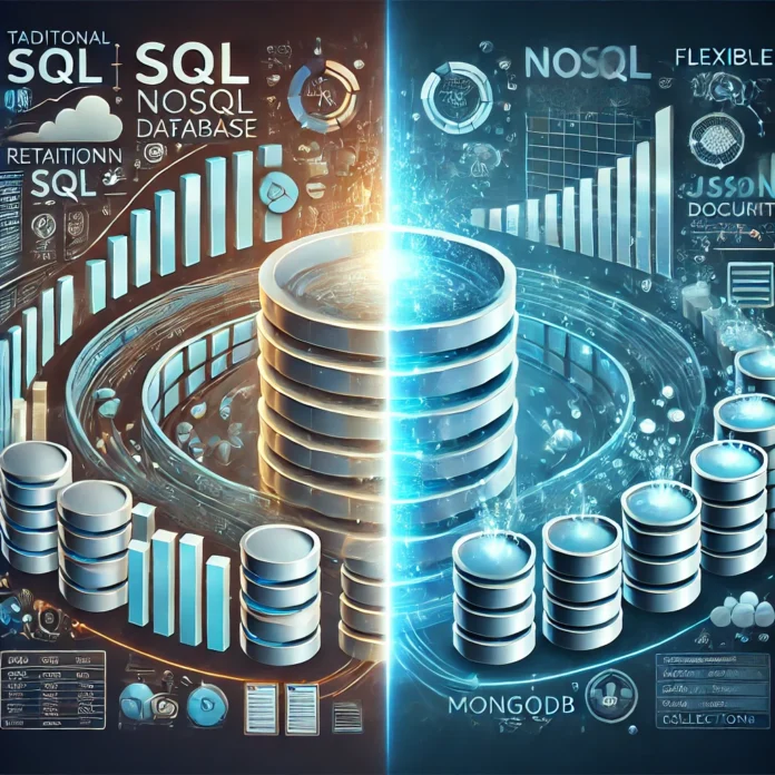 A dynamic and informative digital illustration representing the difference between SQL and NoSQL databases, with a focus on MongoDB