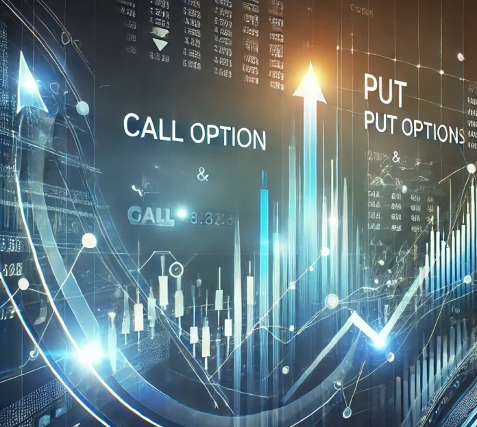 A futuristic and dynamic illustration of options trading, featuring graphs and charts to represent call and put options