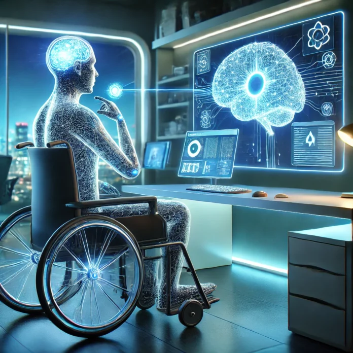 A futuristic digital representation of a brain-computer interface. A person with quadriplegia sits in a sleek, high-tech room, controlling a computer