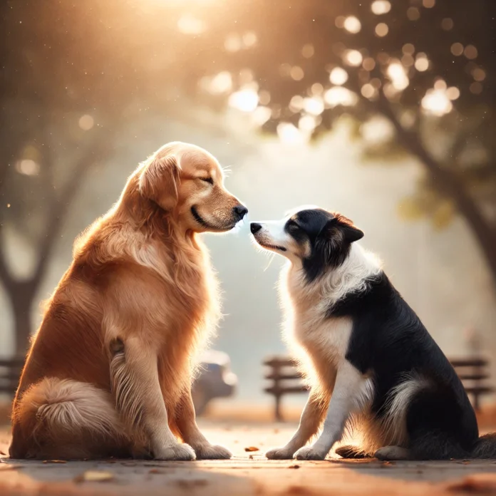 A heartwarming scene of two dogs sitting close together, engaging in reciprocal blinking