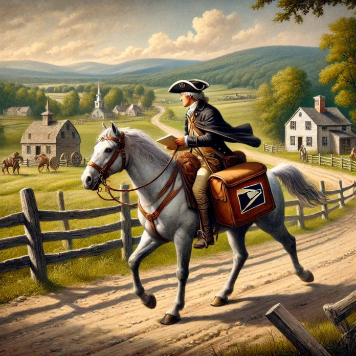 A historical depiction of a postal rider delivering mail in the late 18th century, around 1792