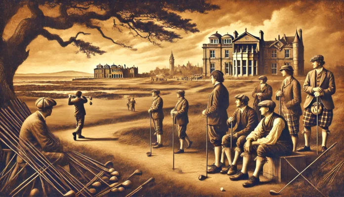 A historical depiction of golf, featuring a scenic golf course in Scotland with rugged coastlines, players dressed in traditional 18th-century golf attire